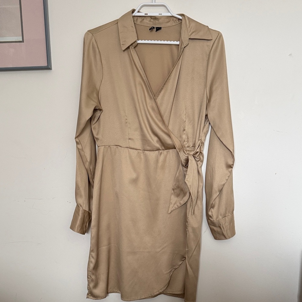 Only Tan Long Sleeve Wrap Dress